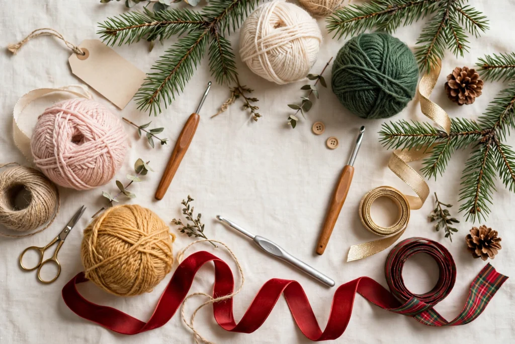 Festive flat lay of yarn balls, crochet hooks, pine sprigs, ribbons and pinecones on a light background — illustrative image of crochet supplies, not a photo of a specific pattern result.