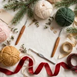 Festive flat lay of yarn balls, crochet hooks, pine sprigs, ribbons and pinecones on a light background — illustrative image of crochet supplies, not a photo of a specific pattern result.