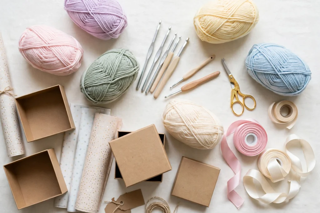 Illustrative flat lay of yarn, crochet hooks, gift boxes and ribbon on a light background — illustrative image, not a photo of any linked pattern.