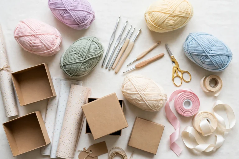 Illustrative flat lay of yarn, crochet hooks, gift boxes and ribbon on a light background — illustrative image, not a photo of any linked pattern.